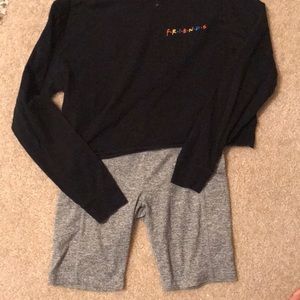 Friends crop top long sleeve and grey fitted biker shorts. Good condition